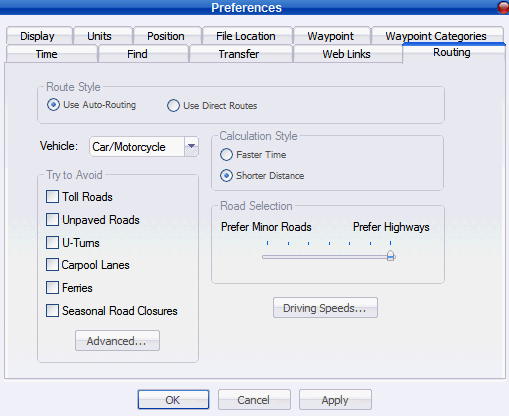 Mapsource Autorouting Settings